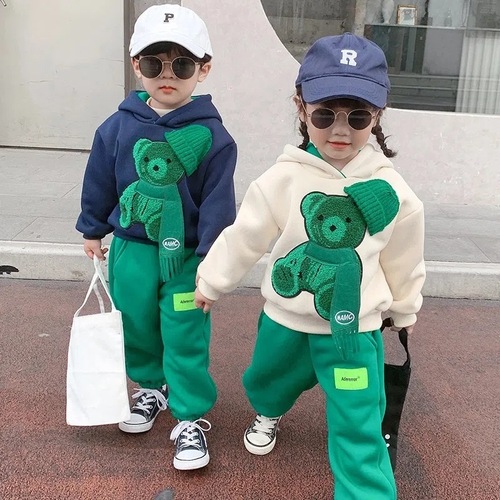 Children's Bear Set Autumn Korean Version New Baby Hooded Sweatshirt Trendy Cool Stylish and Charming Street Style Two-Piece Set