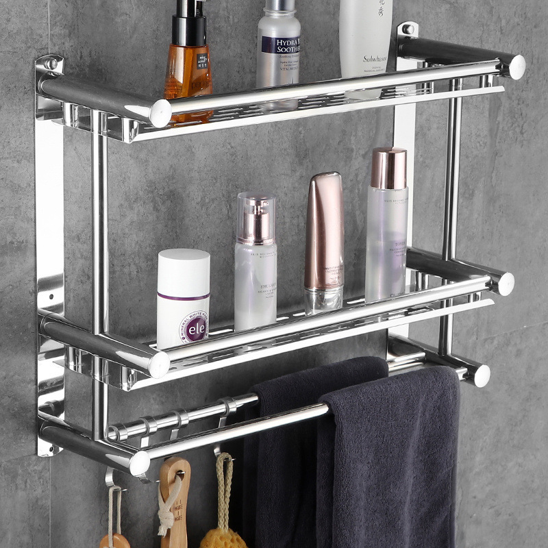 Bathroom Storage Rack Wall-Mounted Punch-Free Double-Layer Bathroom Towel Rack Stainless Steel 2-Layer 3 Bathroom Toilet Accessories