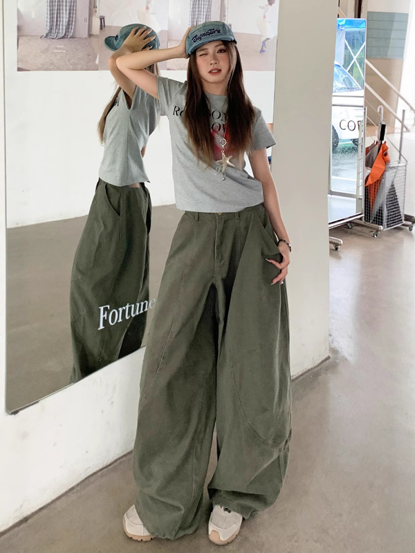 美式宽松阔腿慵懒松弛感弯刀牛仔裤子女夏秋新款辣妹休闲拖地长裤|undefined