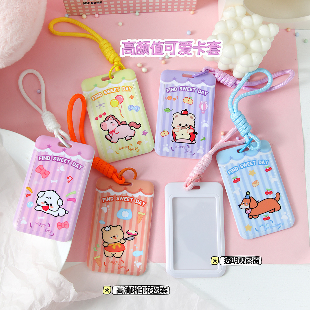 Cute cartoon print push-to-open card holder for student campus cards, ID cards, access cards, and idol photos with lanyards.