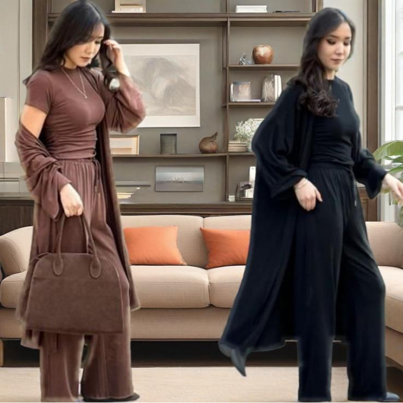 2025春の新作クロスボーダーヨーロッパとアメリカの貿易婦人服ラウンドネック無地長袖ワイドレッグパンツ気質通勤スーツ|undefined