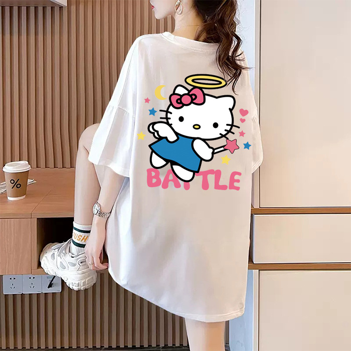 Pure Cotton Korean Style Summer Hello Kitty Loose Kitty Cat Short-Sleeved T-Shirt for Women Lazy and Cute Student Versatile Top