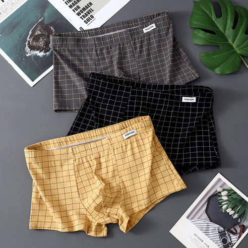 Grid Men's Underpants, Pure Cotton Breathable Square Pants, Youth Boys' Flat Shorts, Head Underwear, Wholesale and Dropshipping