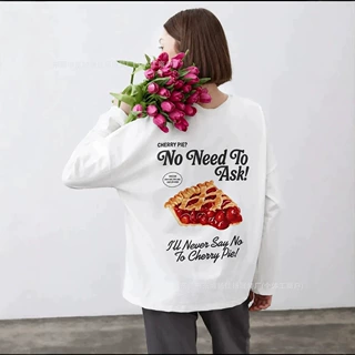 100%纯棉长袖T恤秋季2026百搭可爱樱桃派印花外穿欧美潮流女上衣