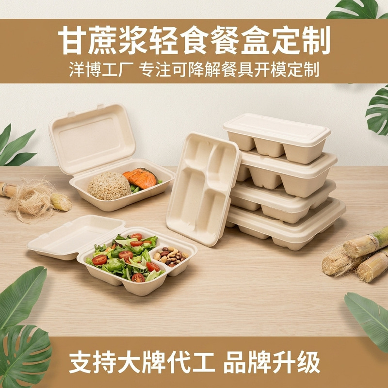 Biodegradable sugarcane paddle lunch box, custom disposable light food packaging box, bento box, paper pulp barbecue tray, compartmented lunch box Biodegradable sugarcane paddle lunch box, custom disposable light food packaging box, bento box, paper pulp barbecue tray, compartmented lunch box