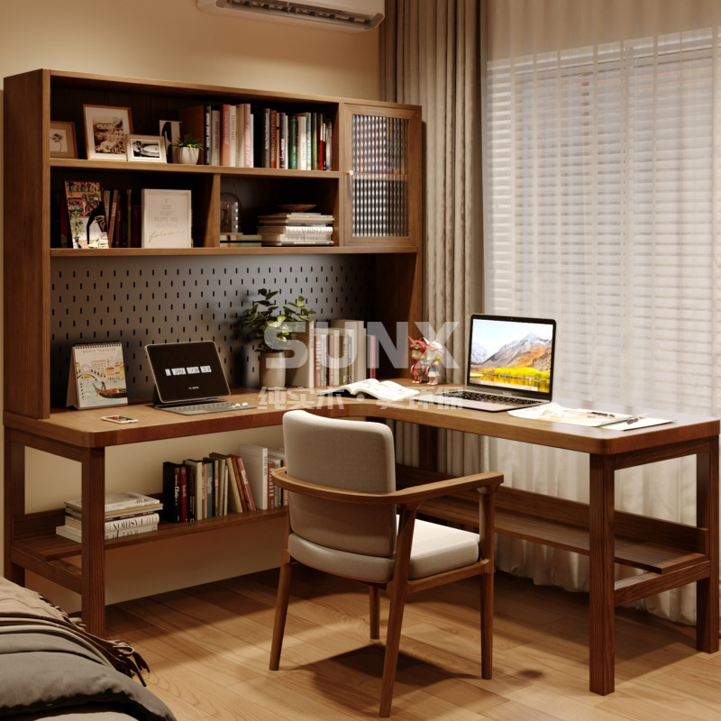 Solid Wood Corner Table with Perforated Board Desk Bookshelf Bookcase Combination Corner Corner Table L-Shaped Study Table Computer Table