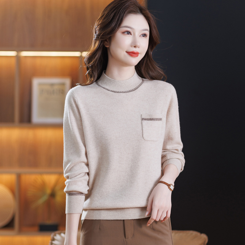 Autumn and Winter 100% Pure Wool Sweater for Mothers, Women's Middle-Aged and Elderly Half-Turtleneck Pullover Solid Color Knitted Base Sweater