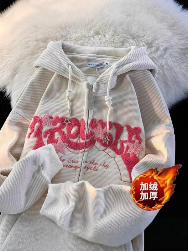 美式星星字母植绒加绒卫衣男女街头风vintage灯芯绒连帽开衫外套|undefined