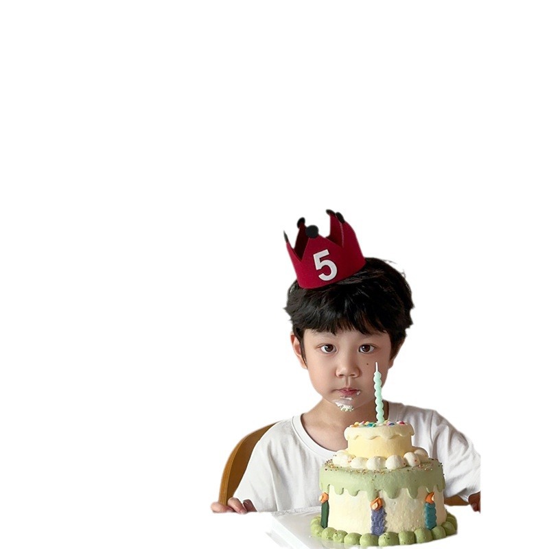 Gorro de fieltro rojo con corona para cumpleaños de niños y niñas, ideal como accesorio para fotos y decoración para la primera fiesta de cumpleaños._voghion.com