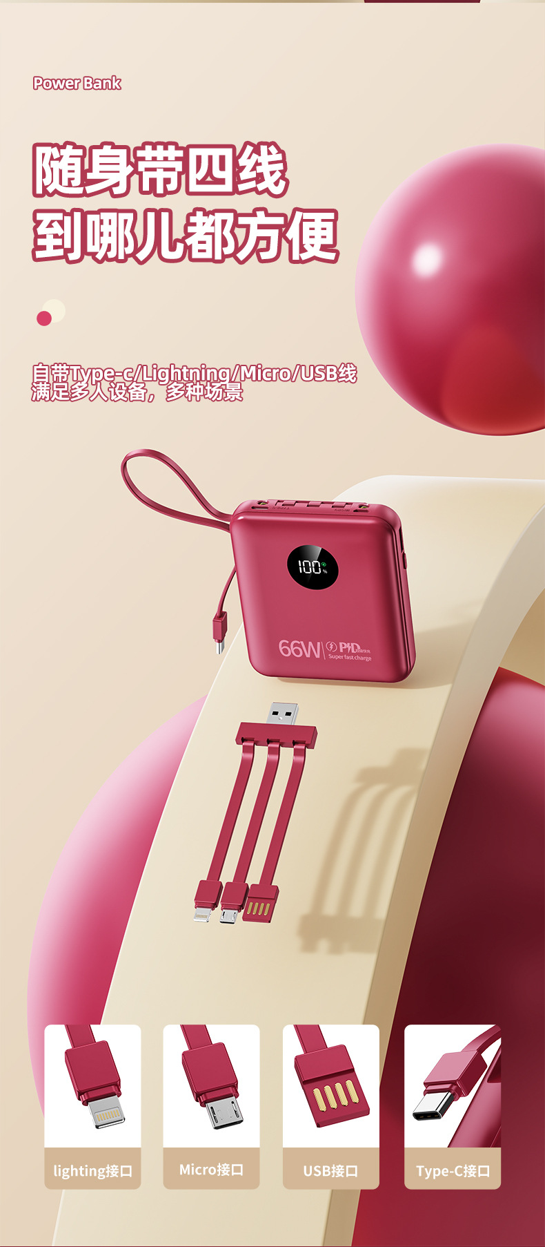 Toptan Mini Süper Hızlı Şarj 66W Powerbank 20000mAh Büyük Kapasiteli Dahili Kablolu Taşınabilir Şarj Cihazı Logo Baskılı