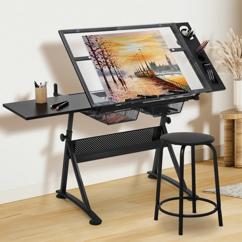 Tempered Glass Drawing Table with Sub-board Liftable Drawing Art Designer Workbench Table Easel Drawing Table