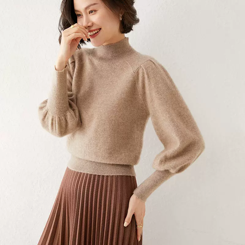 套头半高领纯色羊毛衫女灯笼袖小香风针织打底衫气质外穿毛衣