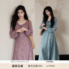 贰羊设计【云想衣裳】国风新中式棉麻V领长袖连衣裙A字大裙摆裙子