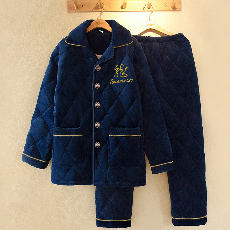 남성 잠옷 가을, 겨울 겨울 산호 벨벳 두꺼운 플러스 벨벳 플란넬 퀼트 가정 의류 남성 겨울 코튼 자켓