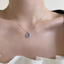 天然海蓝宝月光石项链ins风个性高级小众设计感椭圆吊坠蛇骨链女