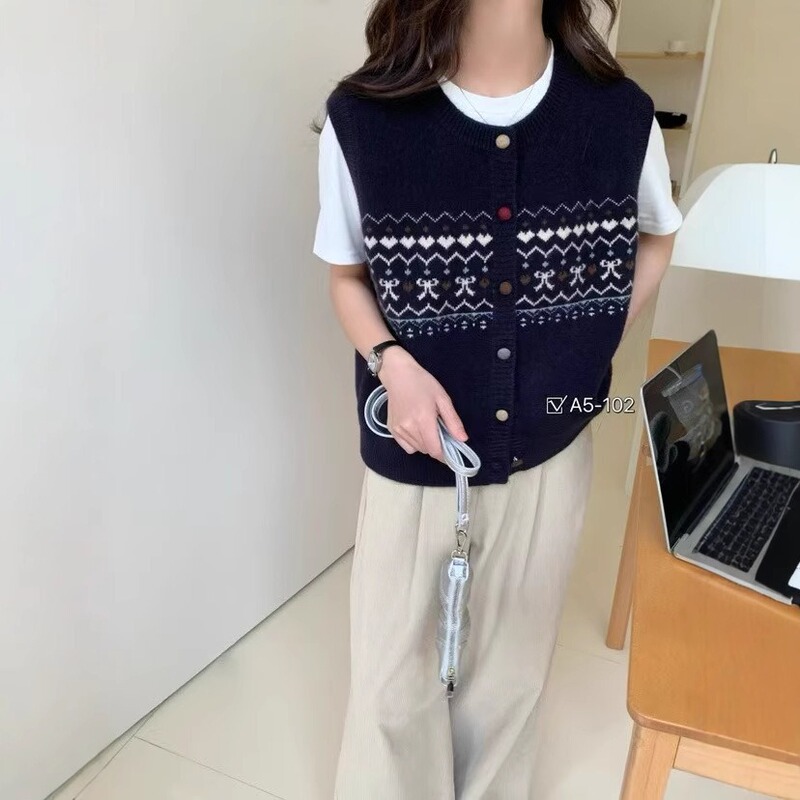 2025年春季新款复古提花针织马甲女装外搭叠穿无袖坎肩背心马夹上|undefined