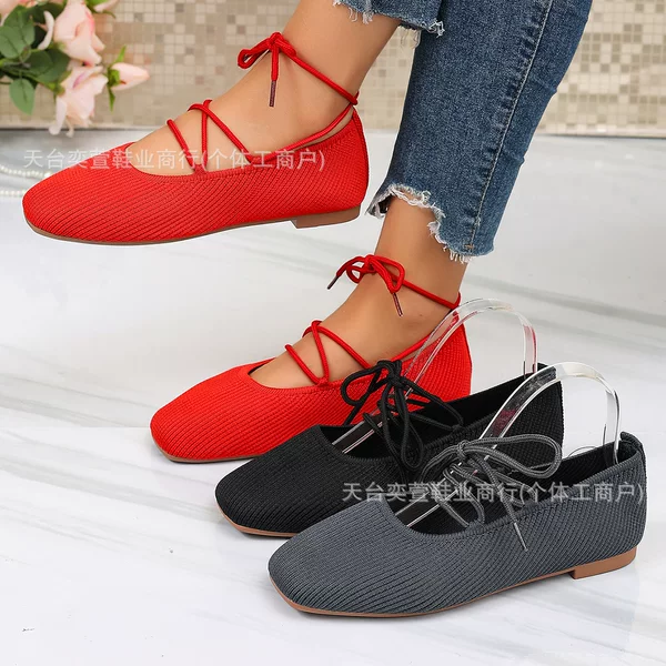 2026 New Style Fly-Knit Ballet Shoes for Women, Cross-Strap Square-Toe Mary Jane Shoes, Shallow Mouth Single Shoes, Amazon