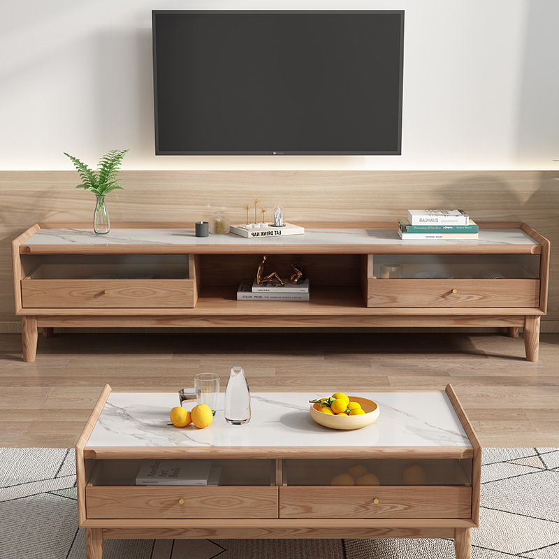 Nórdico Placa de roca de madera maciza mesa de té TV gabinete combinación moderna sala de estar minimalista pequeño apartamento cera blanca madera registro estilo mesa de té