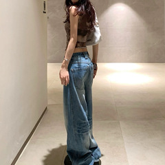 SUNONEOEN立体辺レトロ水洗いジーパン女性秋アメリカワイド脚ローウエストゆるいカジュアル長ズボン
