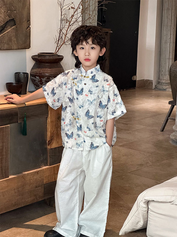 2025新中式儿童套装 男童蝴蝶提花上衣 + 白色棉麻阔腿裤一件代发|undefined