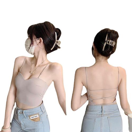 Summer Ice Silk Cross-Shoulder Backless Bralette with Built-in Pads, Seamless Innerwear, Outerwear Bra Top for Women