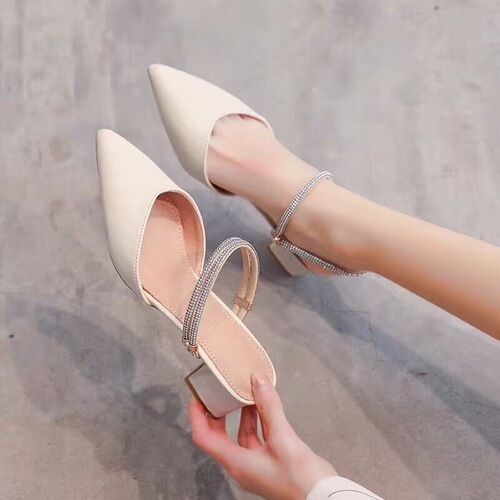 Design, temperament, point-pointed, two-wearing, rhinestones sandals, skirt, thick heel, women's shoes, French mid-heel, Baotou Muller slippers