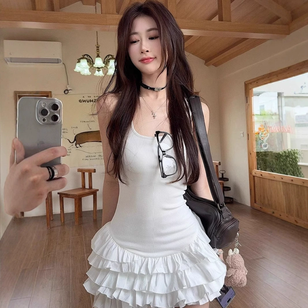 Милое белое платье на подтяжках для женщин, летняя тонкая талия, юбка-тортик с рюшами, юбка трапециевидной формы в балетном стиле