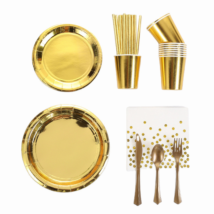 Disposable Paper Plates and Cups, Gold Party Supplies, Gold Card Birthday Cake Plates and Cups, Wholesale Birthday Party Supplies
