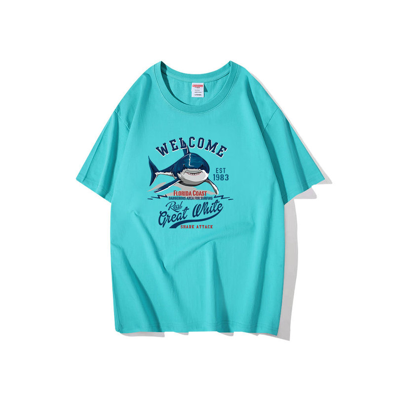 Cross-border hot selling cartoon shark 2D heat transfer men's and women's short-sleeved T-shirt summer cotton T-shirt support customization