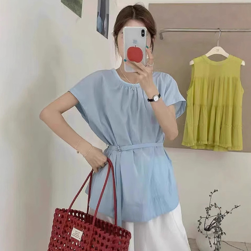 2025 Summer New Korean Sweet Strap Tight Waist Slimming Shirt Loose Slimming All-match Elegant Top for Women
