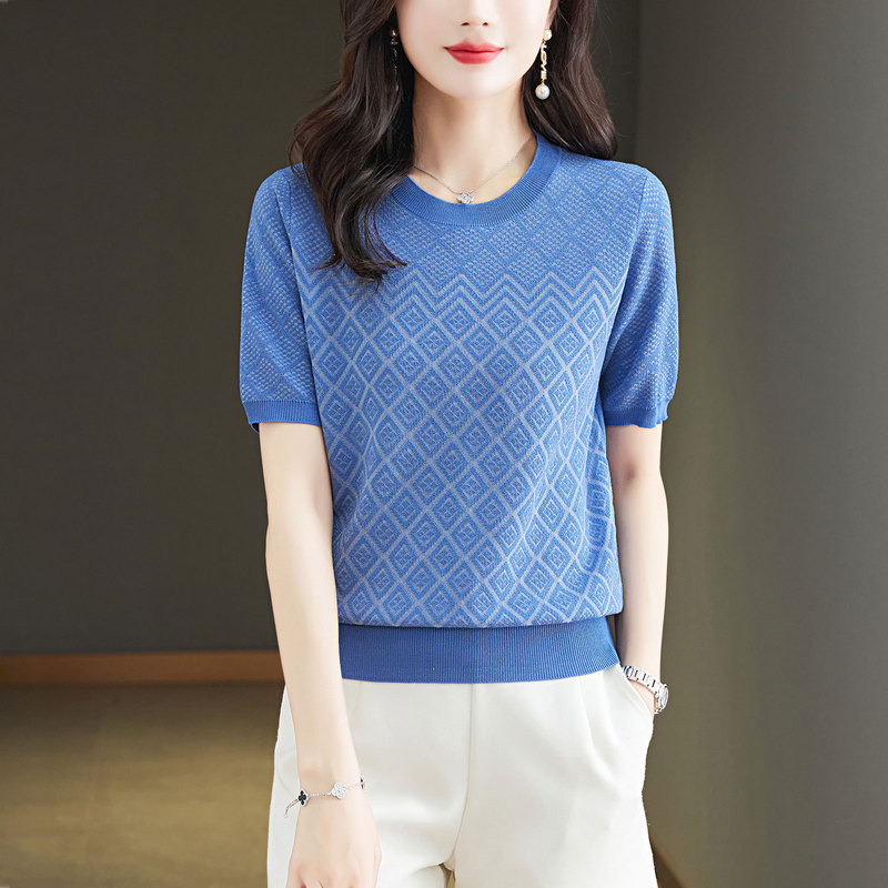[Direct from Manufacturer] Summer Tencel Round Neck Short Sleeve Thin T-Shirt Solid Color Jacquard Short Women's Top Trendy