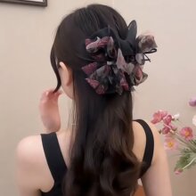 网纱碎花蝴蝶结泡泡抓夹女2026新款盘发鲨鱼夹发卡后脑勺头发夹子