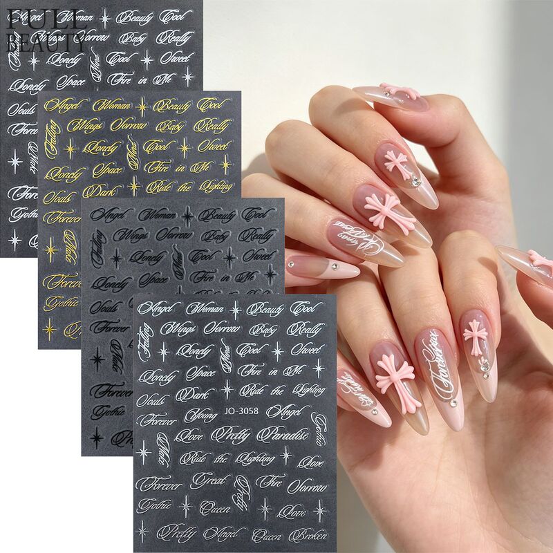 Cross-Border New Style Nail Art Stickers with Gold Stamping, Black and White Floral English Calligraphy, Minimalist Luxury Style Adhesive Nail Stickers