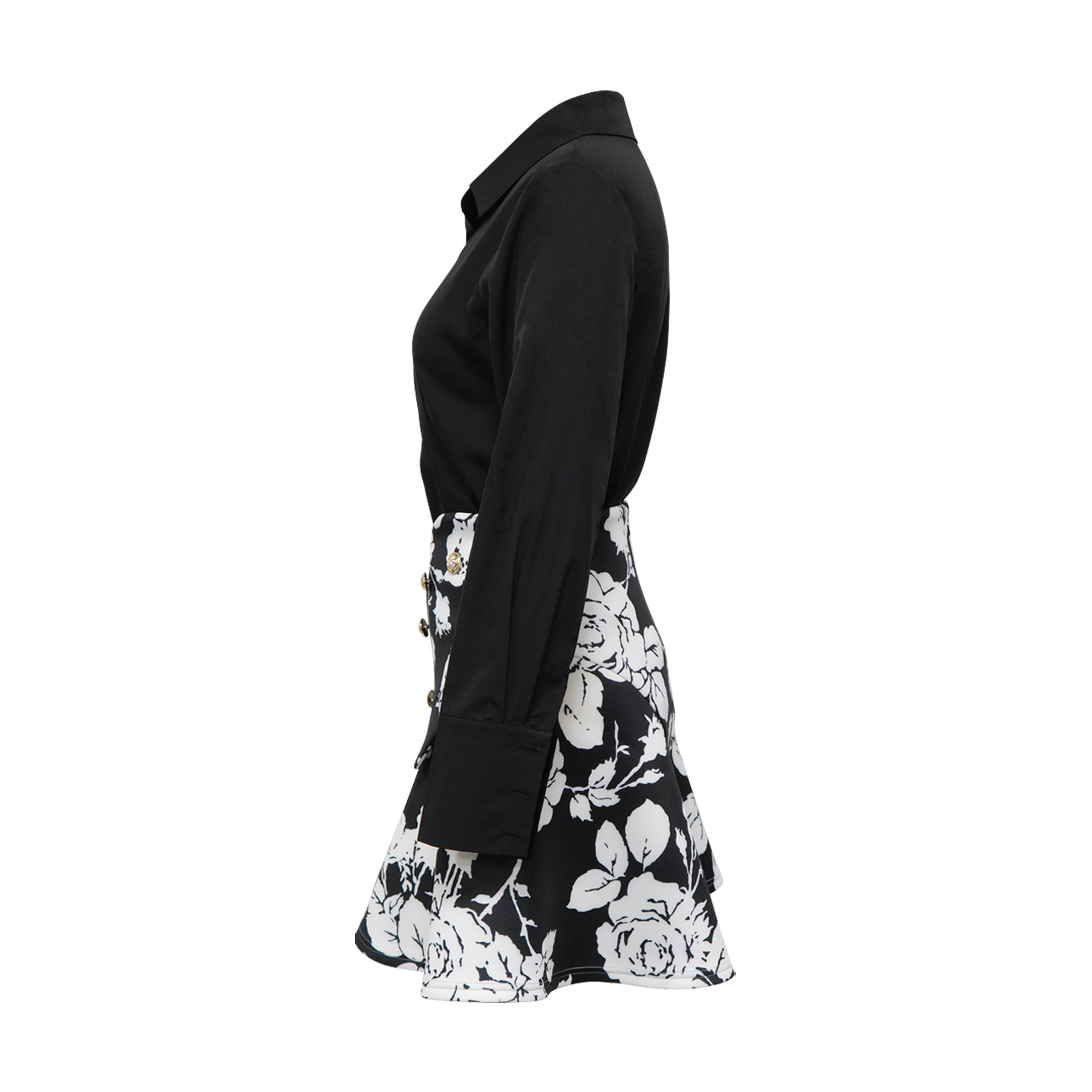 Women's Fashion Long Sleeved Collared Printed Skirt Set Waist Cinching Short_ecoleips.com
