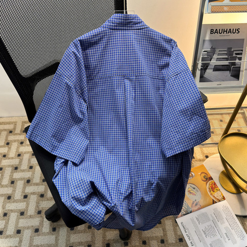 American Retro Embroidered Blue Check Short-Sleeve Shirt for Men and Women, Couple Summer Casual Loose Luxury Feeling Top for Men