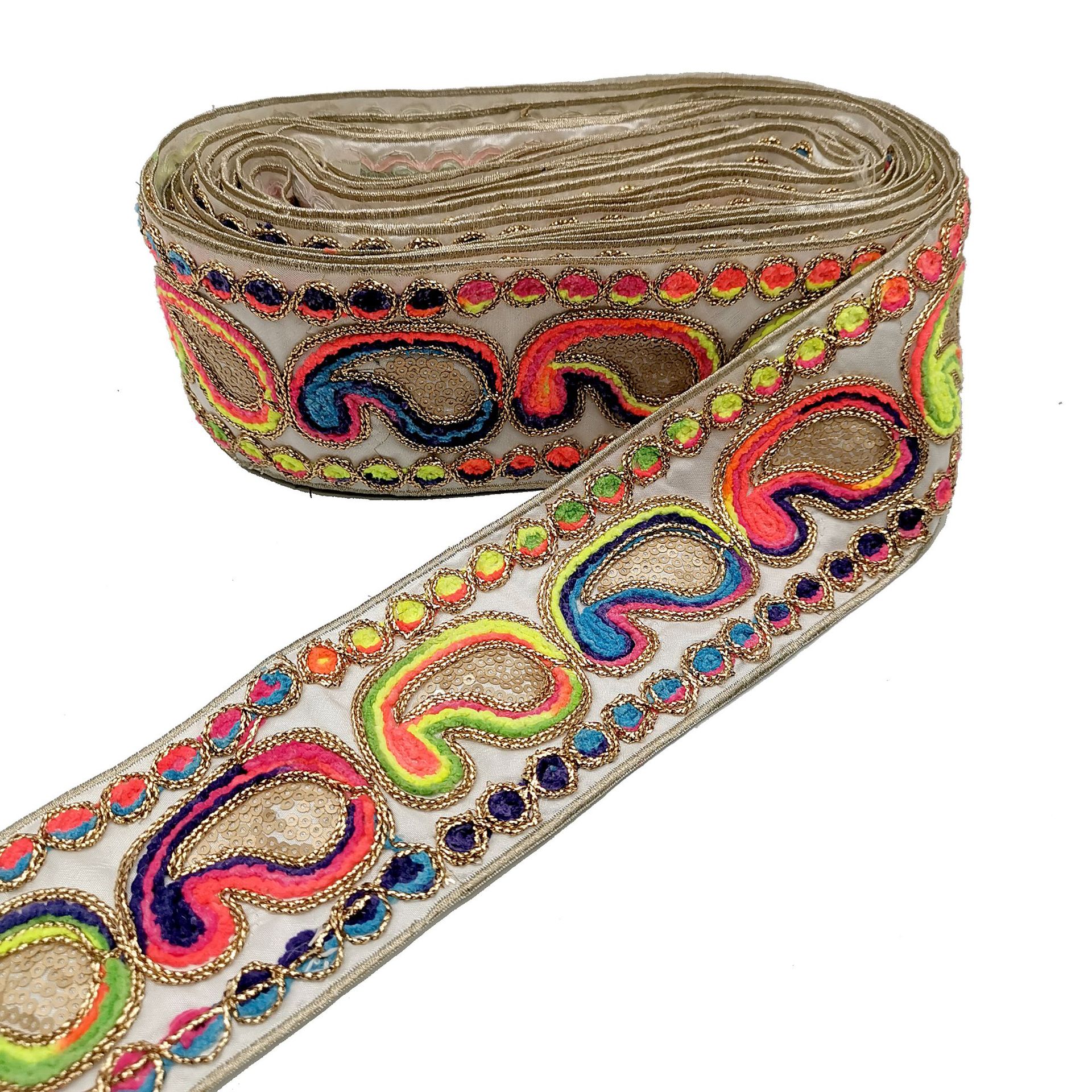 欧美货源 荧光色刺绣花边 特种股线绣花 腰果花刺绣 鞋材辅料