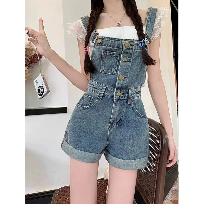年齢を軽減するデニム サスペンダー ショーツ 2024 夏レトロな新しい作業服スリム デザイン パンツ|undefined