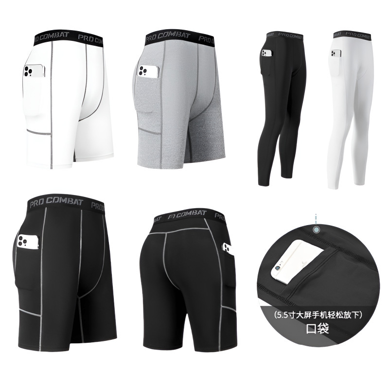 Men's Sports Tight Shorts Five-point Pants Compression Pants Sticking Pocket Tight Pants High Elastic Quick-drying Fitness Leggings Quick-drying