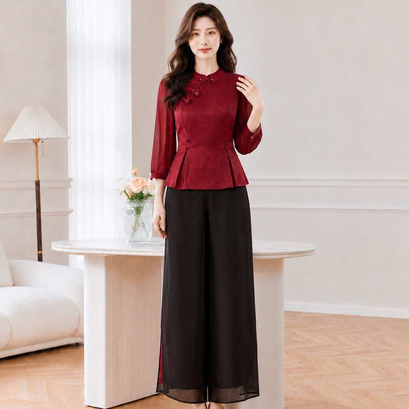 New Chinese-style national fashion suit 2026 new model for women, spring and autumn, stylish and elegant, two-piece pantsuit for mother-in-law's wedding banquet New Chinese-style national fashion suit 2026 new model for women, spring and autumn, stylish and elegant, two-piece pantsuit for mother-in-law's wedding banquet