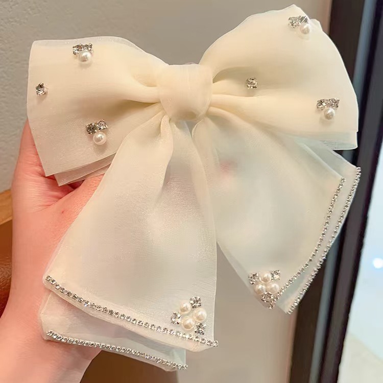 베이지 메시 활 다이아몬드 머리핀