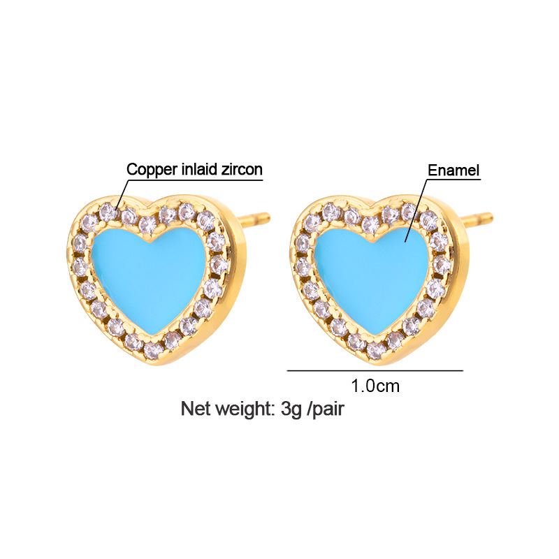 Fashion Simple Heart Inlaid Zircon Plated Real Gold  Copper Ear Stud Earrings display picture 1