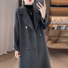 新款羊毛呢双面呢羊毛大衣女士双排扣长款秋冬季赫本风外套81