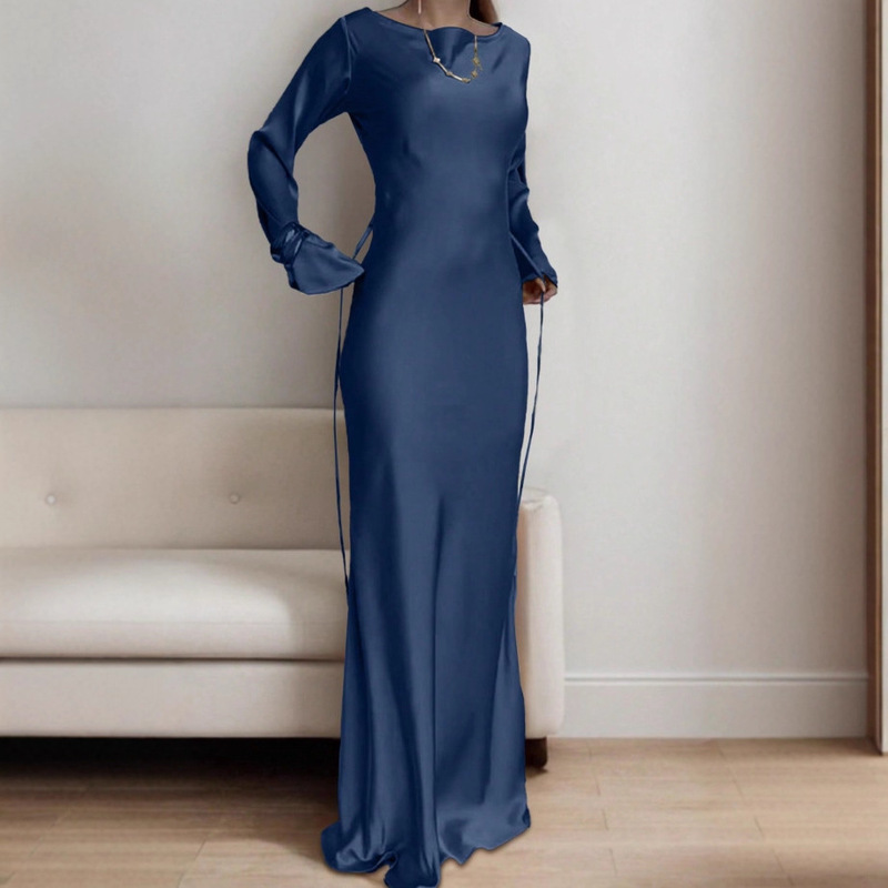 [Advanced Satin] Waist Drawstring Long Skirt Women's 2025 Autumn and Winter Drapey Flare Sleeve Temperament Dress for Dating