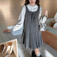 2025秋季款韩系学院风减龄小个子叠穿背心连衣裙+内搭打底衬衫女
