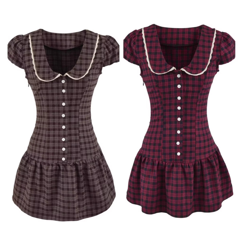 New Foreign Trade Product: Ins-Style Women's American College-Style Doll Collar Short-Sleeve Dress with Button Decoration, Waist-Cinching, Slimming Plaid Dress New Foreign Trade Product: Ins-Style Women's American College-Style Doll Collar Short-Sleeve Dress with Button Decoration, Waist-Cinching, Slimming Plaid Dress