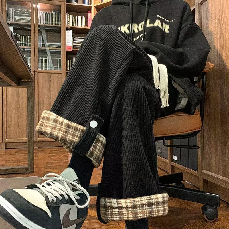 Темно-коричневый vintage вельветы с широкими ножками в рулоны свободные повседневные брюки мужские oversize дизайн прилив