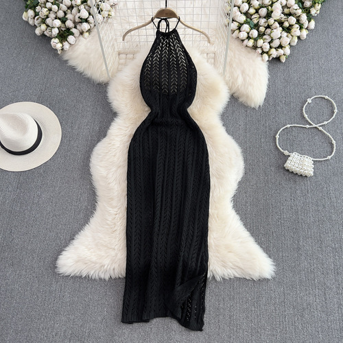 Summer Women's Sexy Slim-fit Sheath Dress with Neckline, Mid-length Slit Backless Sleeveless Hollow-out Knitted Dress