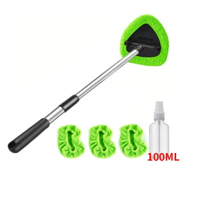 Glass Window Scraper Telescopic Rod – Car cleaning tools - 1-set-pentagonal-14513cm-telescopic-pole-4-green-cloth-covers-1-100ml-spray-bottle