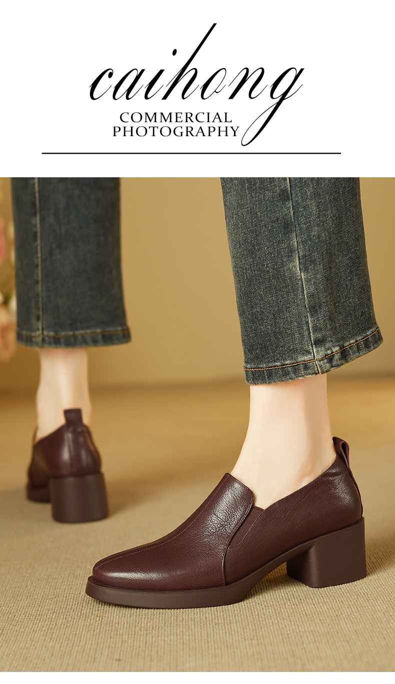 Giày da cừu nữ mũi nhọn gót vuông 5 cm, phong cách công sở đơn giản — màu nâu chi tiết 2