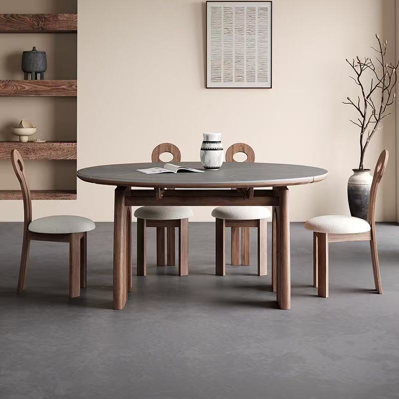 Mesas y sillas de comedor plegables de madera maciza de estilo medio, mesa redonda de roca, hogar redondo, estilo americano, estilo francés, mesa redonda retráctil, apartamento pequeño